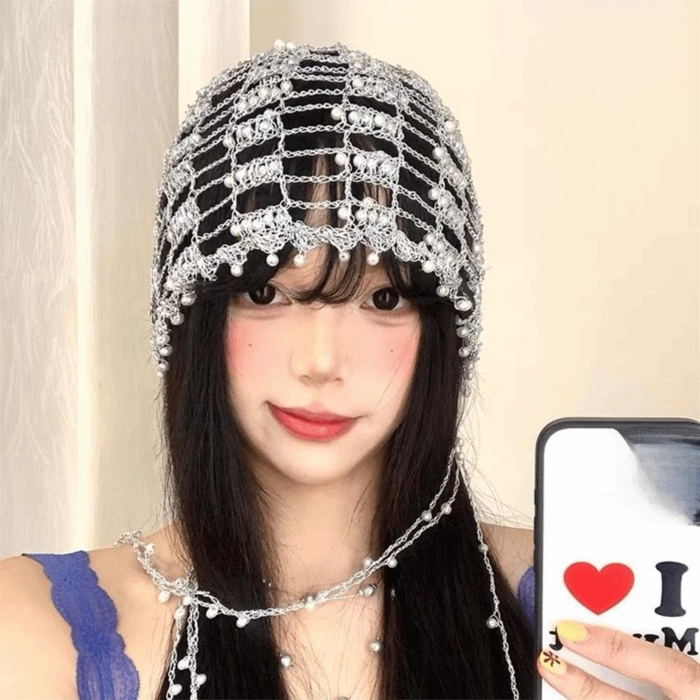 Pearl Beaded Beaded Hat Handmade Chain Pullover Hat Retro Style Hollow out Slouch Cap  Autumn