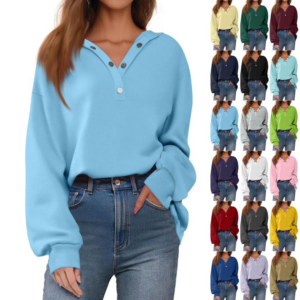 Dameknapp Ensfarvet Pullover Topper Casual Langermet Sweatshirts