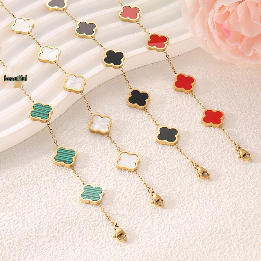 18k Gold-Plated Titanium Steel Four-Leaf Clover Bracelet with Mother-of-Pearl for Women