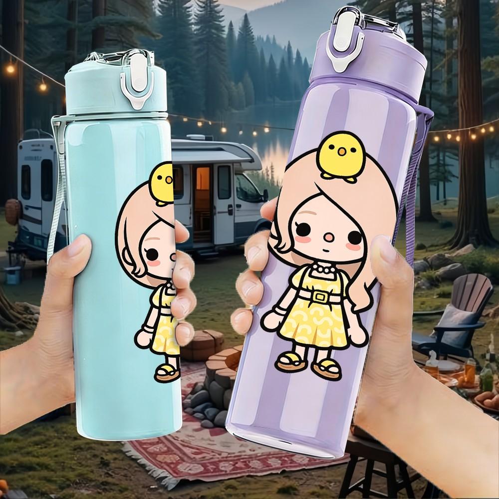 1PC Yellow Hat Sweet Girl Cartoon Print 750ml Color Plastic Sports Water Bottle Leakproof Flip Straw Lid Suitable for Sports Office Home Use