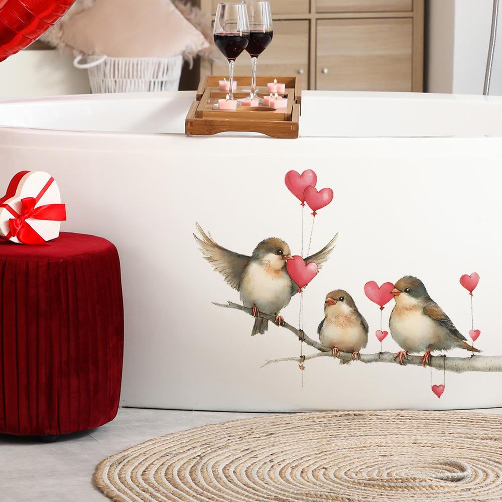 Self-adhesive Wall Stickers Three Little Cute Birds On Heart Branch for Kids Room Bedroom Home Decor