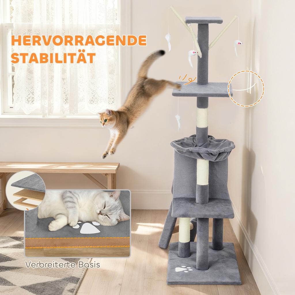 Multi-Level Cat Tower, 134cm Cat Tree with Condo and Sisal Scratching Posts for Indoor Kittens, Grey