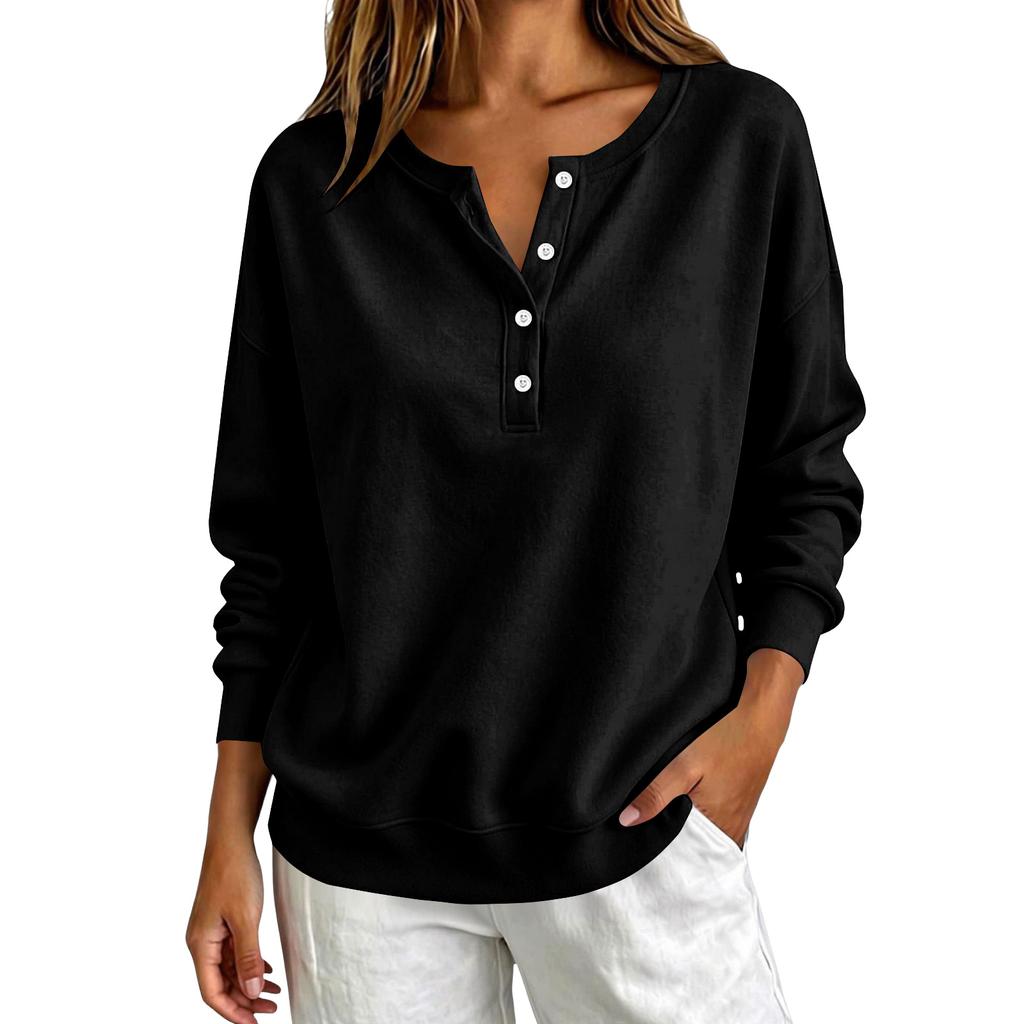 Women's V-Neck Button Pullover Sweatshirt Loose Fit Long Sleeve Casual Top