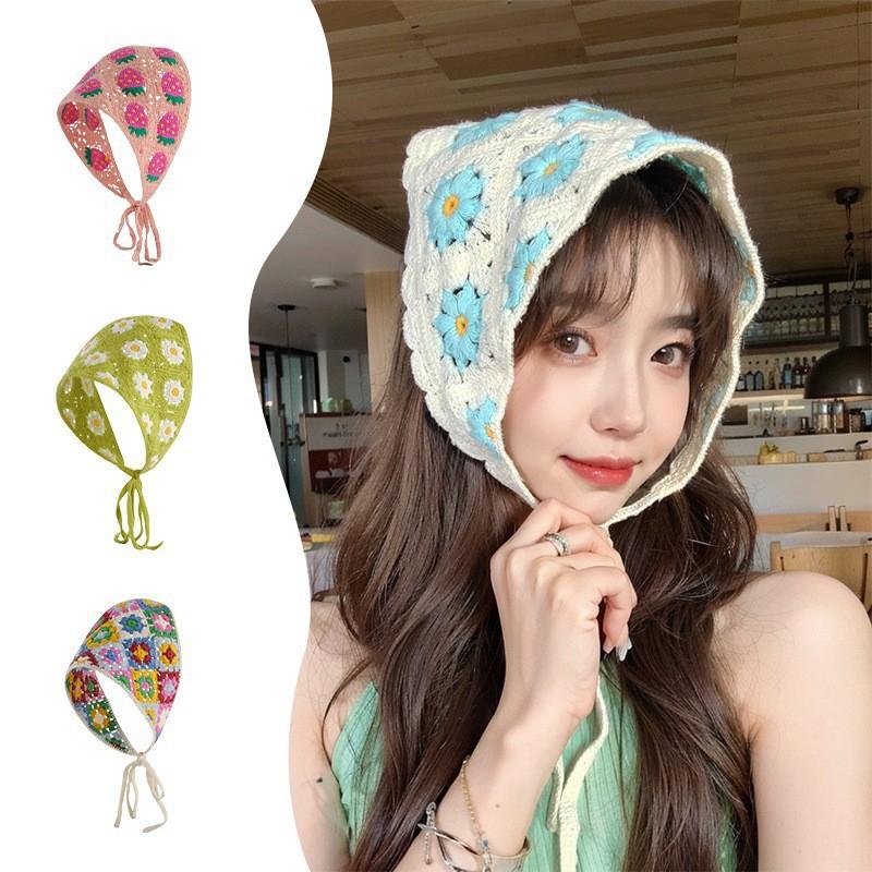 Knitted Crochet Headscarf French Pastoral Triangle Headband Handmade Soft Hair Wrapper for Beach Picnic Holiday Boho Fashion