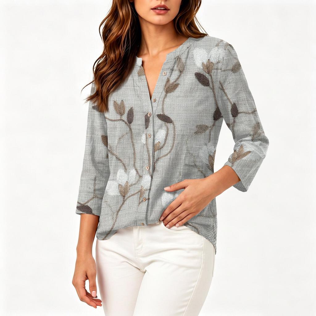 Women Vintage Floral Print Button Down Henley Collar Shirt Three Quarter Sleeve Linen Cotton Blouse Casual Lightweight Top