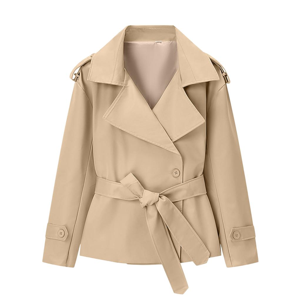 Damen Kurzer Trenchcoat mit langen Ärmeln, Gürtel und Knopfleiste