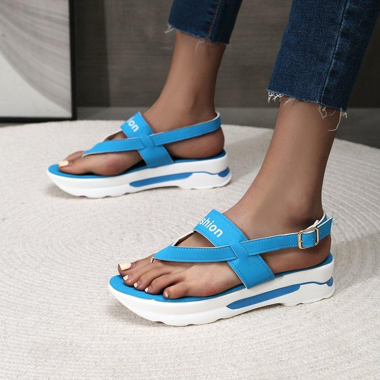 Foreign trade large size slope heel toe buckle with sandals women 2024 summer South East Asia outer wear thick-soled Roman sandals