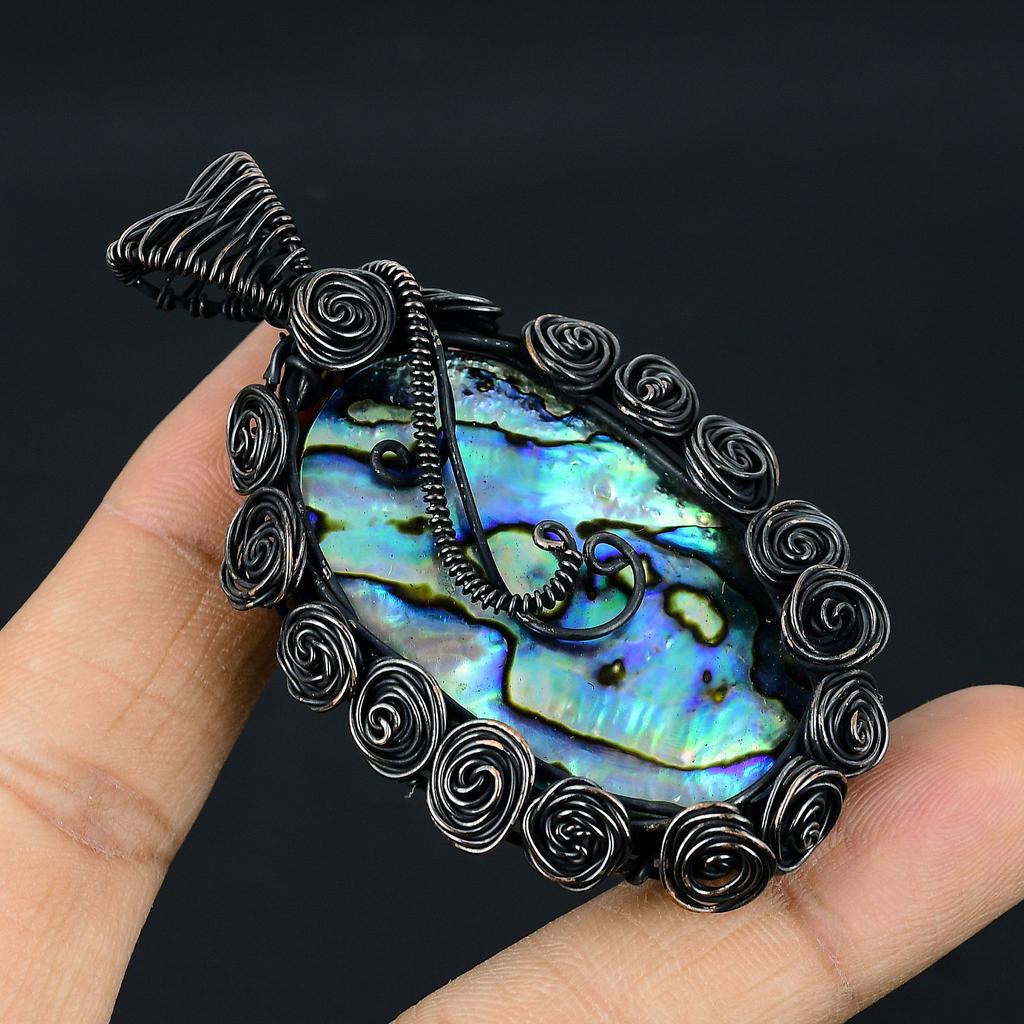 Abalone Shell Handmade Copper Wire Wrapped Pendant Jewelry 2.8" i7e14