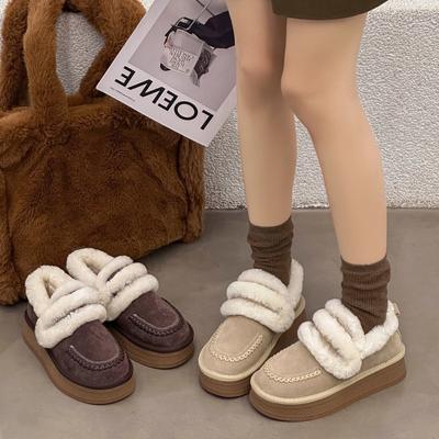 Mode dicke Sohle Leder Wolle Schneestiefel Damen Winter Neu Vielseitig Runde Spitze Samt Warm Baumwollschuhe Trend