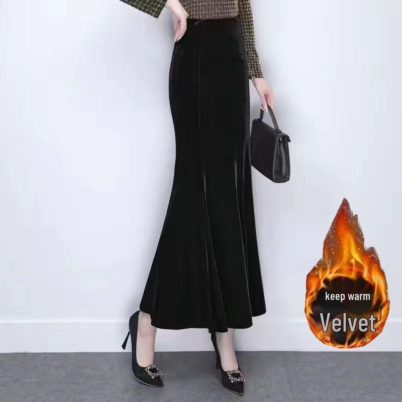 Eleganter goldener Samt-Fischschwanzrock: Herbst/Winter Mittellang, Schlankmachend, Hüftbedeckendes Design