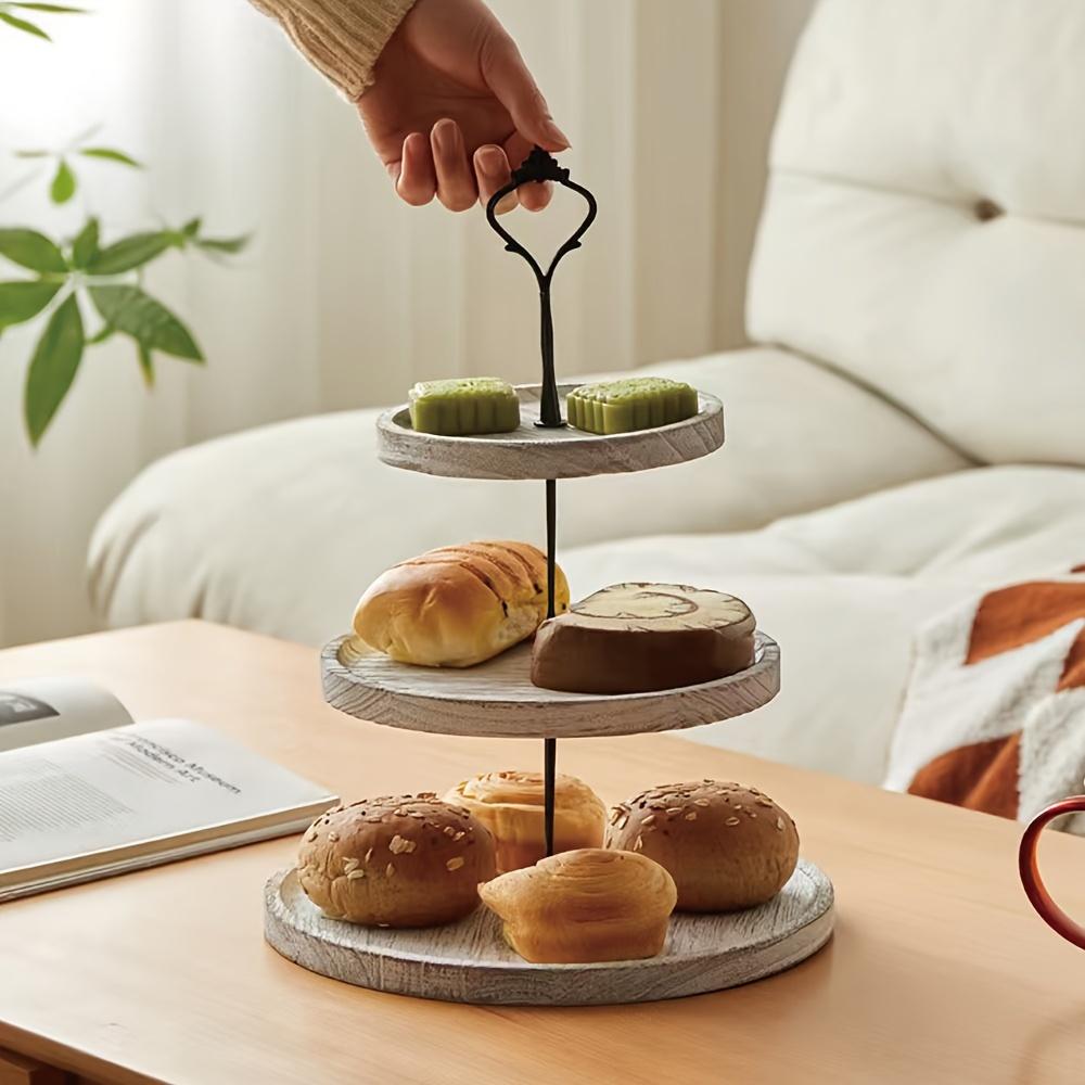 Wohnzimmer Couchtisch Holz Tischmatte Mehrschichtiges Frühstückstablett Kuchenplatte Aufbewahrungsregal, Holz 3-stöckige Dessert-Snack-Obstplatte, Heim Schreibtisch Tablett