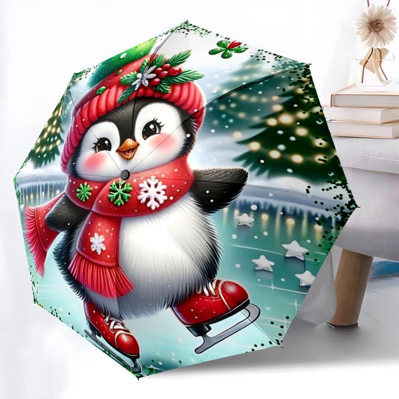 1pc Penguin Ice Skating Christmas Automatic Folding Umbrella,Lightweight Retractable Compact Travel Umbrella,8-Rib Sturdy Frame, Fine Outdoor Umbrella