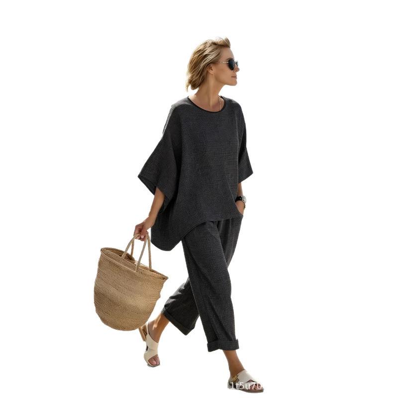11161D printed bohemian round neck casual suit women's short-sleeved trousers two-piece set