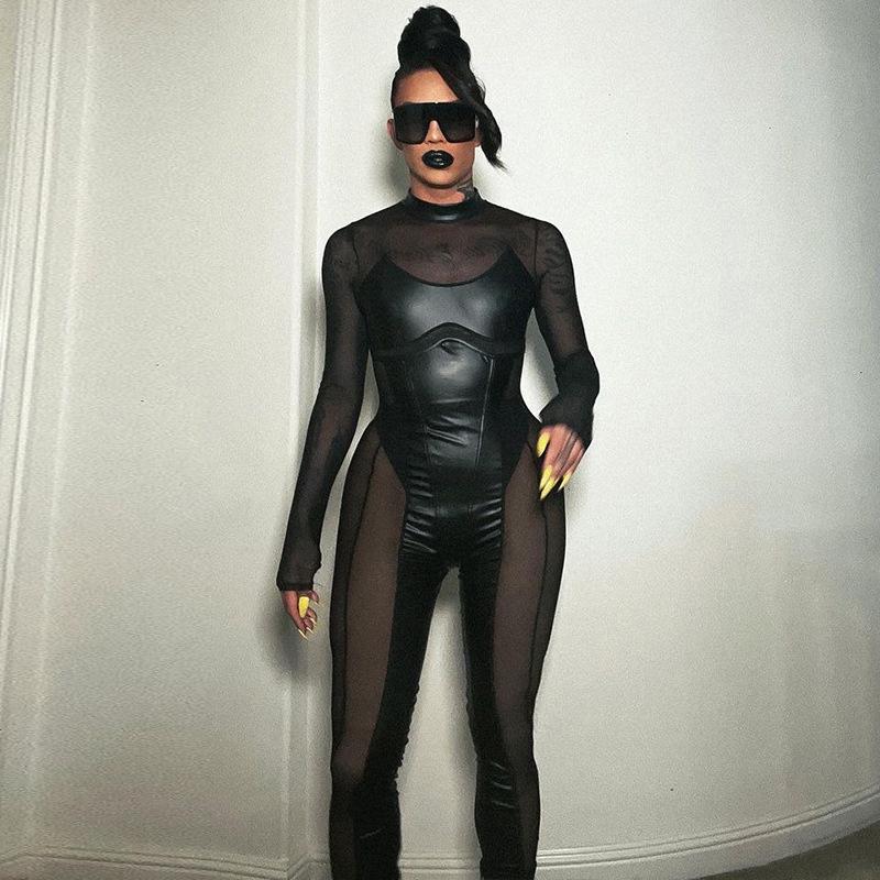 European & American Cosplay Nightclub Mesh Patchwork Sexy Black Jumpsuit with See-through Long Sleeves