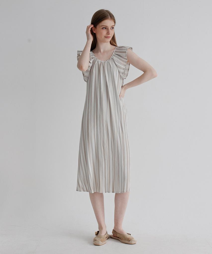 Waiowai Striped Frill Pleated Dress_Beige