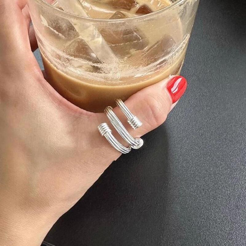 Fashion Copper Color Multilayer Ball Rings For Women Girls Minimalist Metal Geometric Lines Adjustable Finger Ring Jewelry Gifts