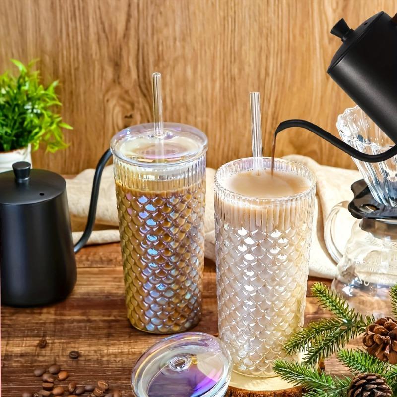 24OZ Creative Fish Scale Glass Straw Cup With Lid Transparent Glasses Mug Iced Coffee Cup For Juice Milk Tea Water Cup Drinkware