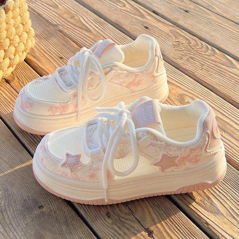 Star mesh breathable thick-soled white shoes women's summer new niche versatile sweet casual sports shoes