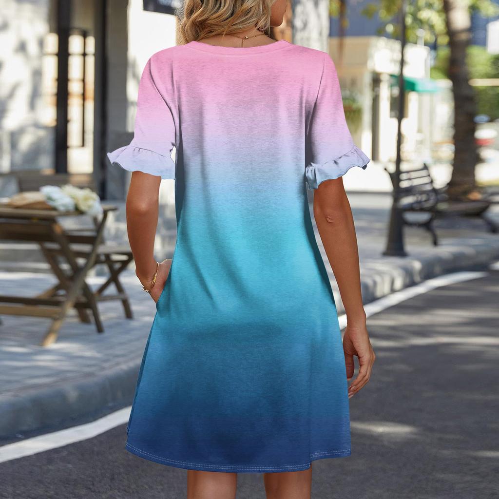 Damen A-Linie Sommerkleid Kurzarm V-Ausschnitt Bedrucktes Kleid Mit Taschen