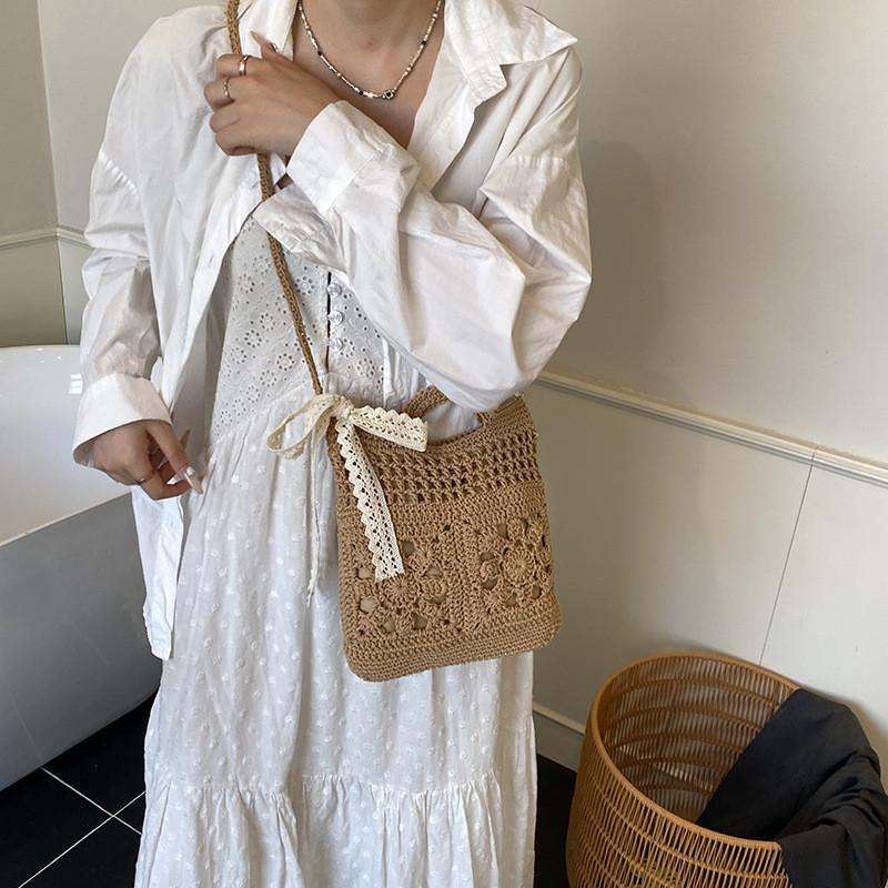 Handmade Woven Tote Bag For Women Summer Fashion Beach Vacation With Zipper Closure