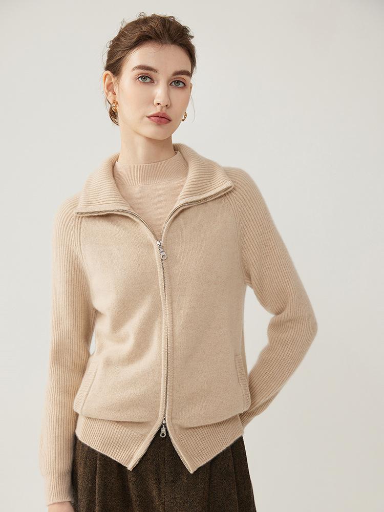 Women's Elegant Cashmere Cardigan: Winter 2026, Double Zipper, Loose Fit, Lapel Base Layer, Warm Outerwear
