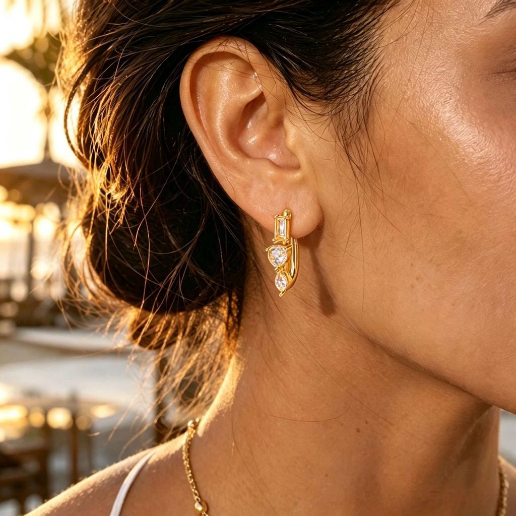Ins Water Drop Zircon U Stud Earrings Women's Plated 18k Gold Stainless Steel Asymmetric Earrings Niche Design