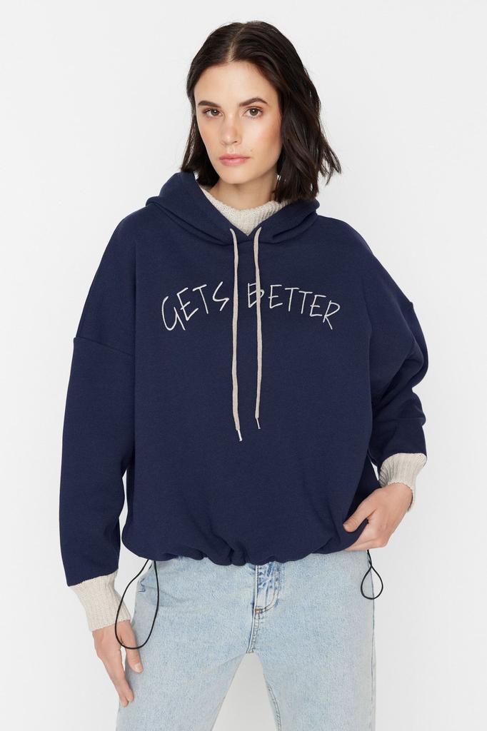 Women's Fashionable Stylish Sweatshirt Stone Thick Inside Fleece Knitwear Tape Detailed Hooded Knitted Sweatshirt