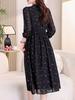 Floral Print Tie-Up Dress with Ruffle Lace for Mid-Age Moms - Long Sleeve, Over-the-Knee, Age-Reducing Design