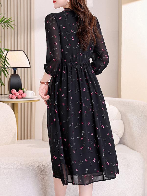 Floral Print Tie-Up Dress with Ruffle Lace for Mid-Age Moms - Long Sleeve, Over-the-Knee, Age-Reducing Design