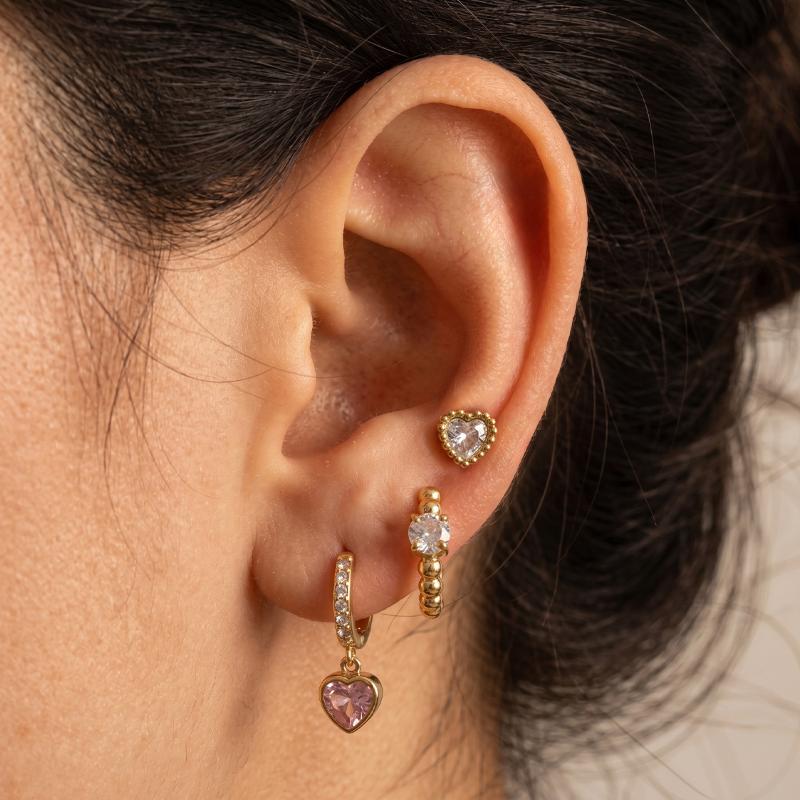 Women Heart Zircon Earrings 3 Pcs Set Minimalist Gold PVD Plated Waterproof Jewelry Ideal for Birthday Gift