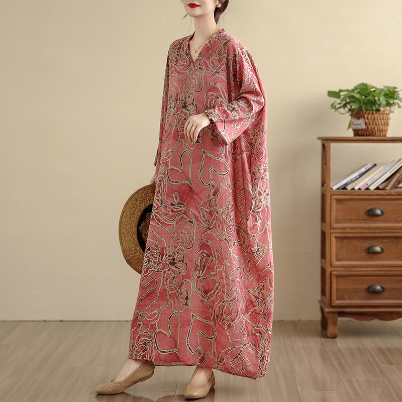 Dimanaf 2025 Women Plus Size Spring Long Dress Loose V-Neck Printing Vintage Casual Floral Oversize Long Sleeve 5059