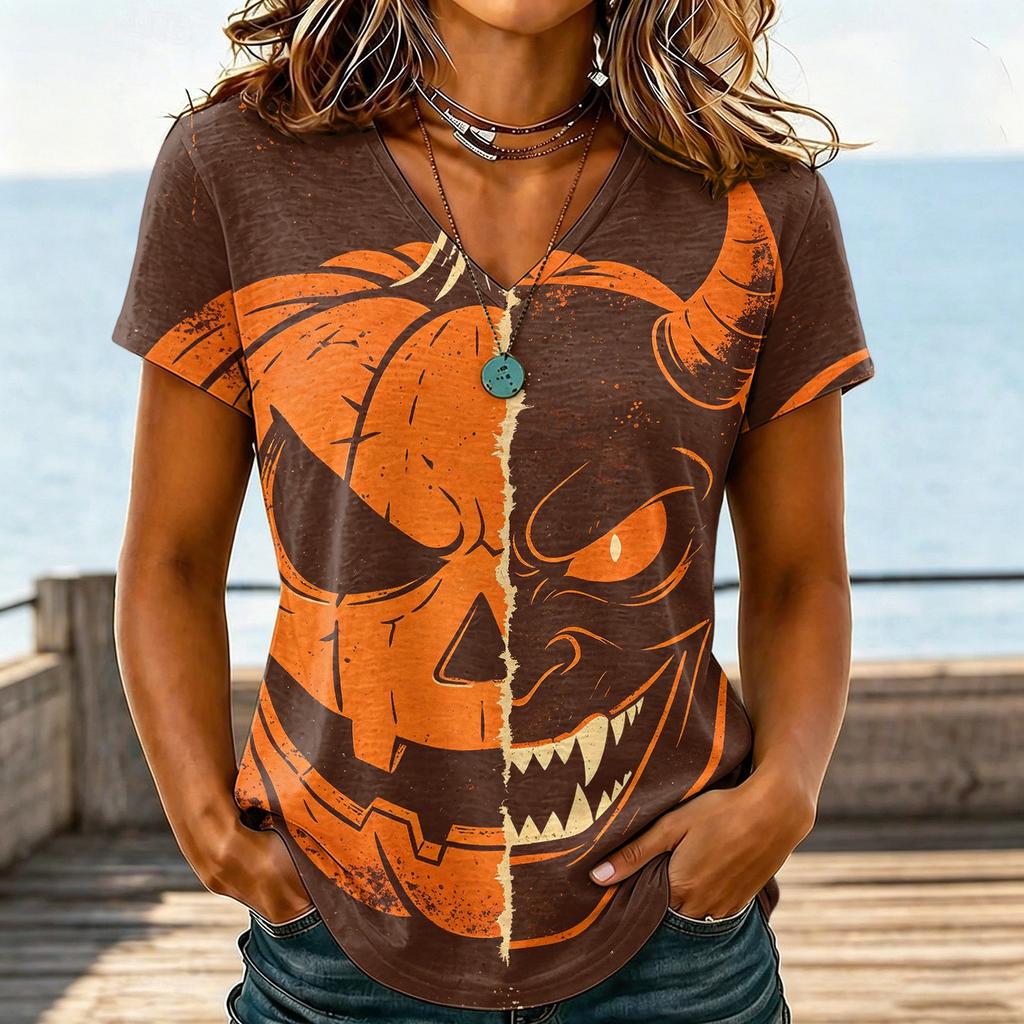 Women's Casual V-Neck T-Shirt with Halloween Print