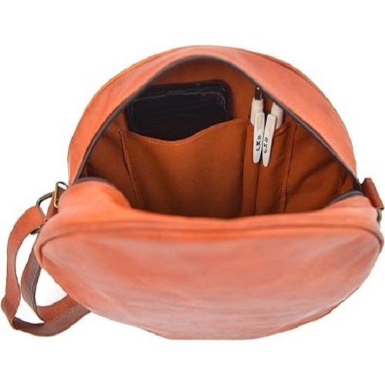 Handgefertigte Vintage-Leder-Umhängetasche für Damen/Teenager-Mädchen, Umhängetasche, runde Umhängetasche, 25,4 cm klein, braun