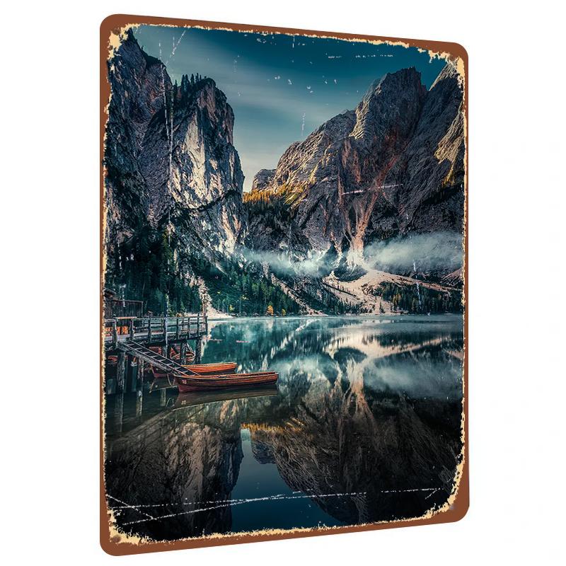 Morning Mist Mountain Lake Boat Landscape Metal Tin Painting Home Decor Wall Art Mural 20x30cm(7.8x11.8inch)