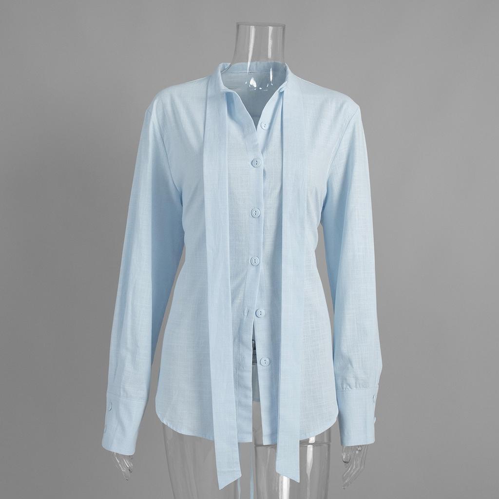 Women's  Fall New Pure Cotton Slim Tie Shirt, European & American Style Commuter Lace-Up Cardigan Top