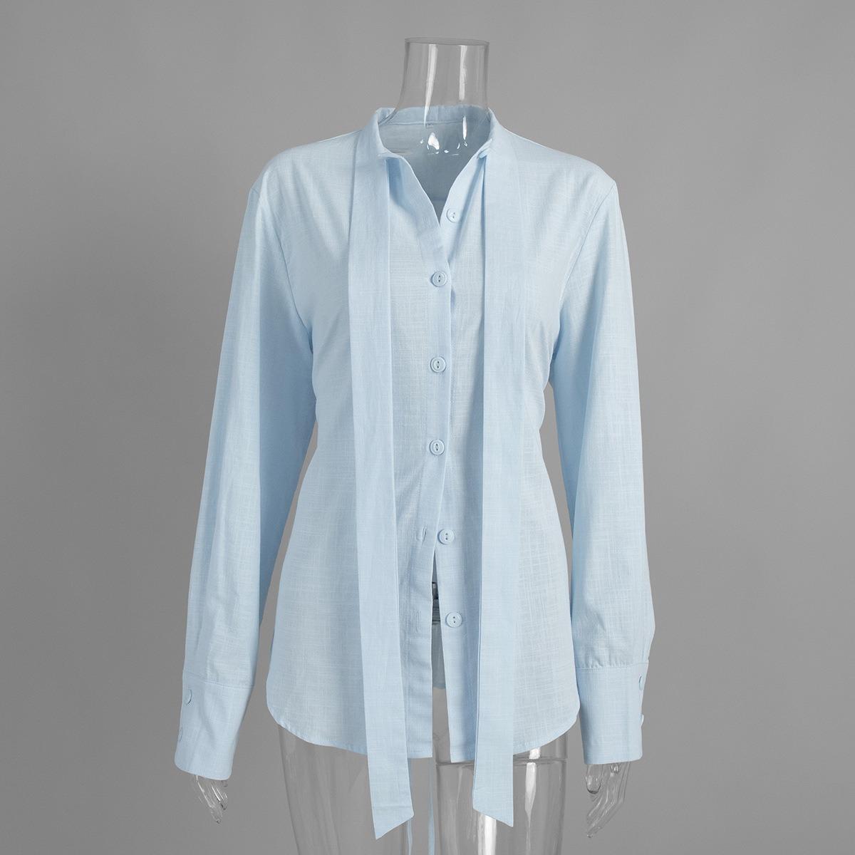 

Women s Fall New Pure Cotton Slim Tie Shirt, European & American Style Commuter Lace-Up Cardigan Top S светло-синий