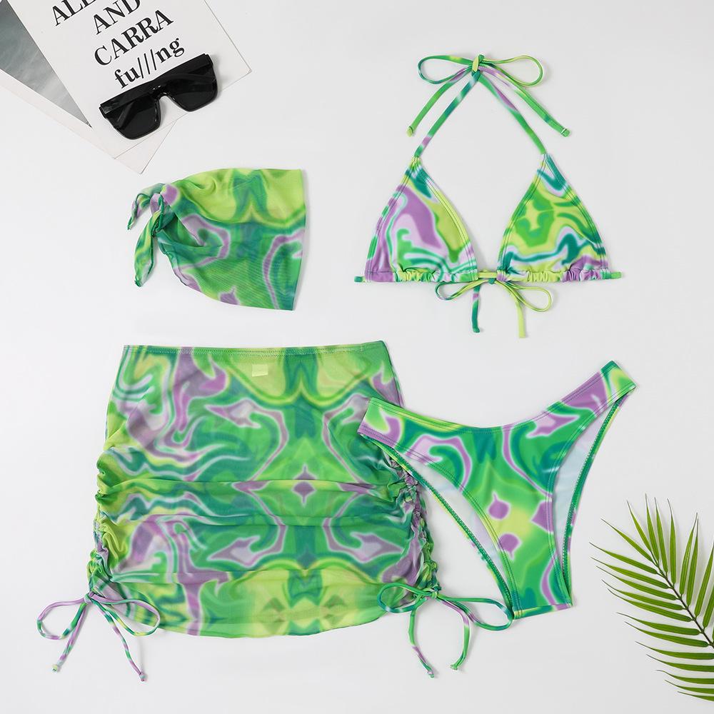 2023 Women s European & American Tie-Dye Bikini Skirt-Style Four-Piece Swimsuit Medium зелёный