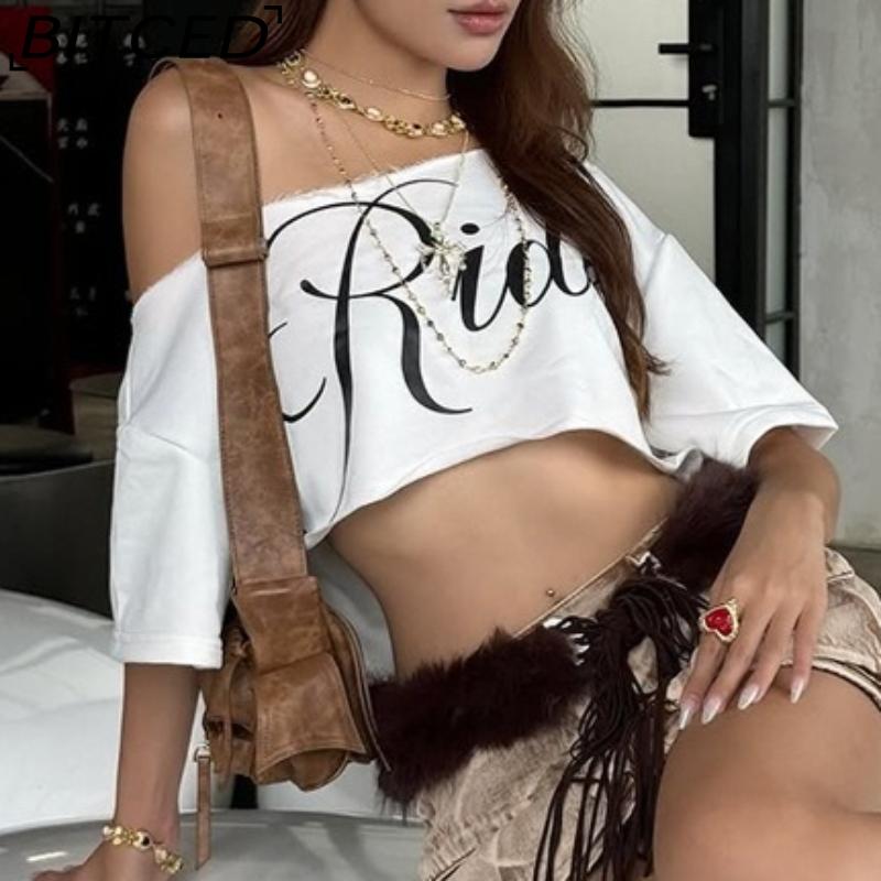 BITCED Spring Women's Solid Color Loose Cropped Top with Fashionable Off-Shoulder Collar and Printed Short Sleeves