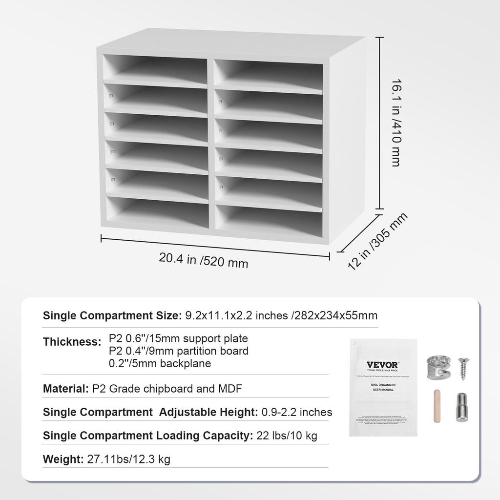 VEVOR Literature Organizers, 12 Compartments Office Mailbox with Adjustable Shelves, Wood Literature Sorter 51.8 X 30.5 X 40.9 Cm for Office, Home