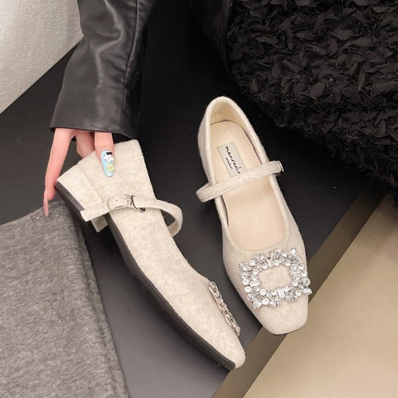 Vielseitige Dicke Absatz Einzelne Schuhe Damen Rock Frühling Neu Strass Samt Warm Mary Jane High Heels Tide