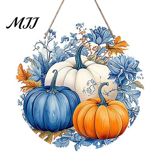 Rustic Wheat Ear Ornament Harvest Festival Welcome Sign for Front Door, Wooden Hanging Fall Porch Decor with Hemp Rope, Autumn Pumpkin Plaque