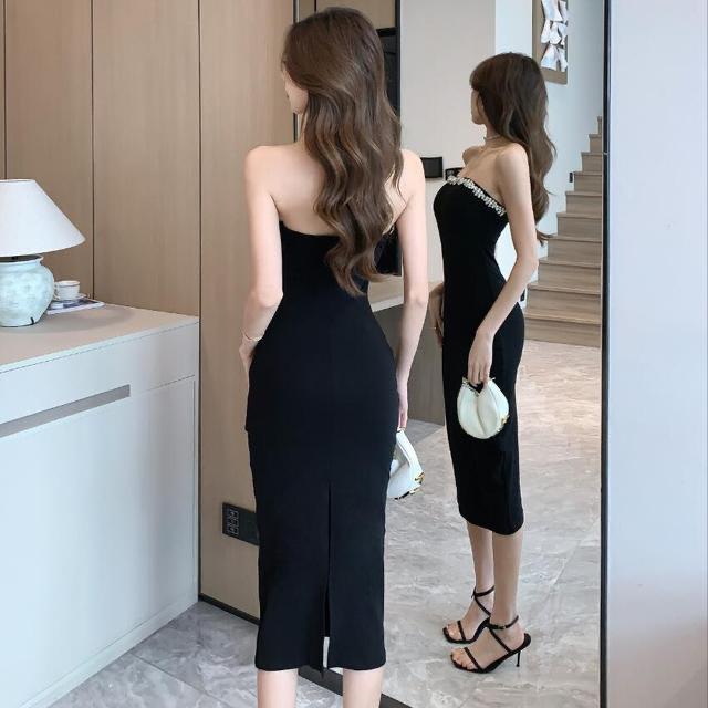 Hepburn Style Dress One-word Shoulder Heavy Industry Diamond-encrusted Tube Top Waist Slim Women's New Spring and Summer Hip-wrapped Medium