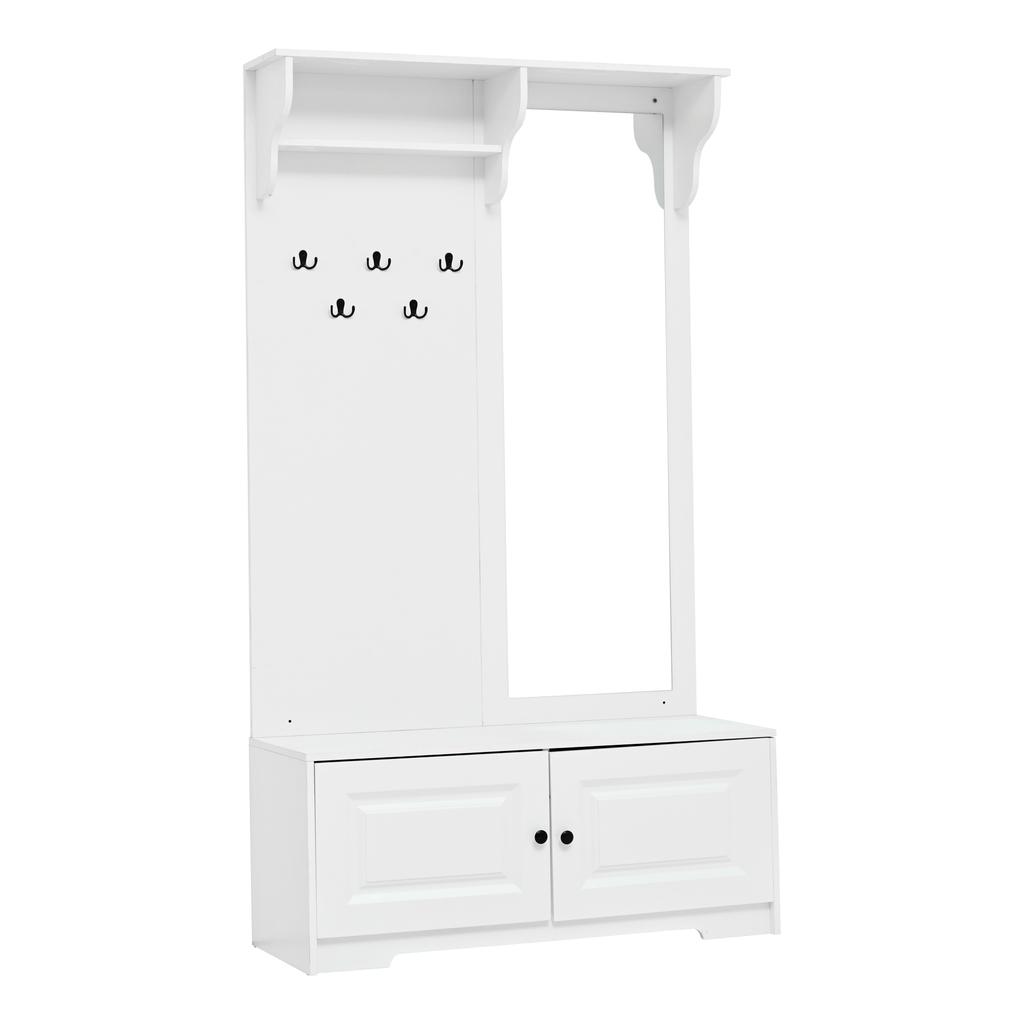 100*40*180cm Hallway Wardrobe with Mirror, 5 Coat Hooks, 2 Cabinets and Shelf, Hallway Coat Stand Clothes Rack with Shoe Cabinet, White