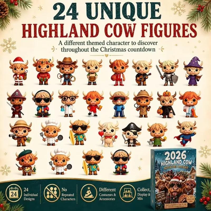 2026 Hochlandrind Adventskalender 24 Tage 3D Weihnachten Countdown Kalender Wiederverwendbar Niedlich Festival Ornamente Set Weihnachtsgeschenk