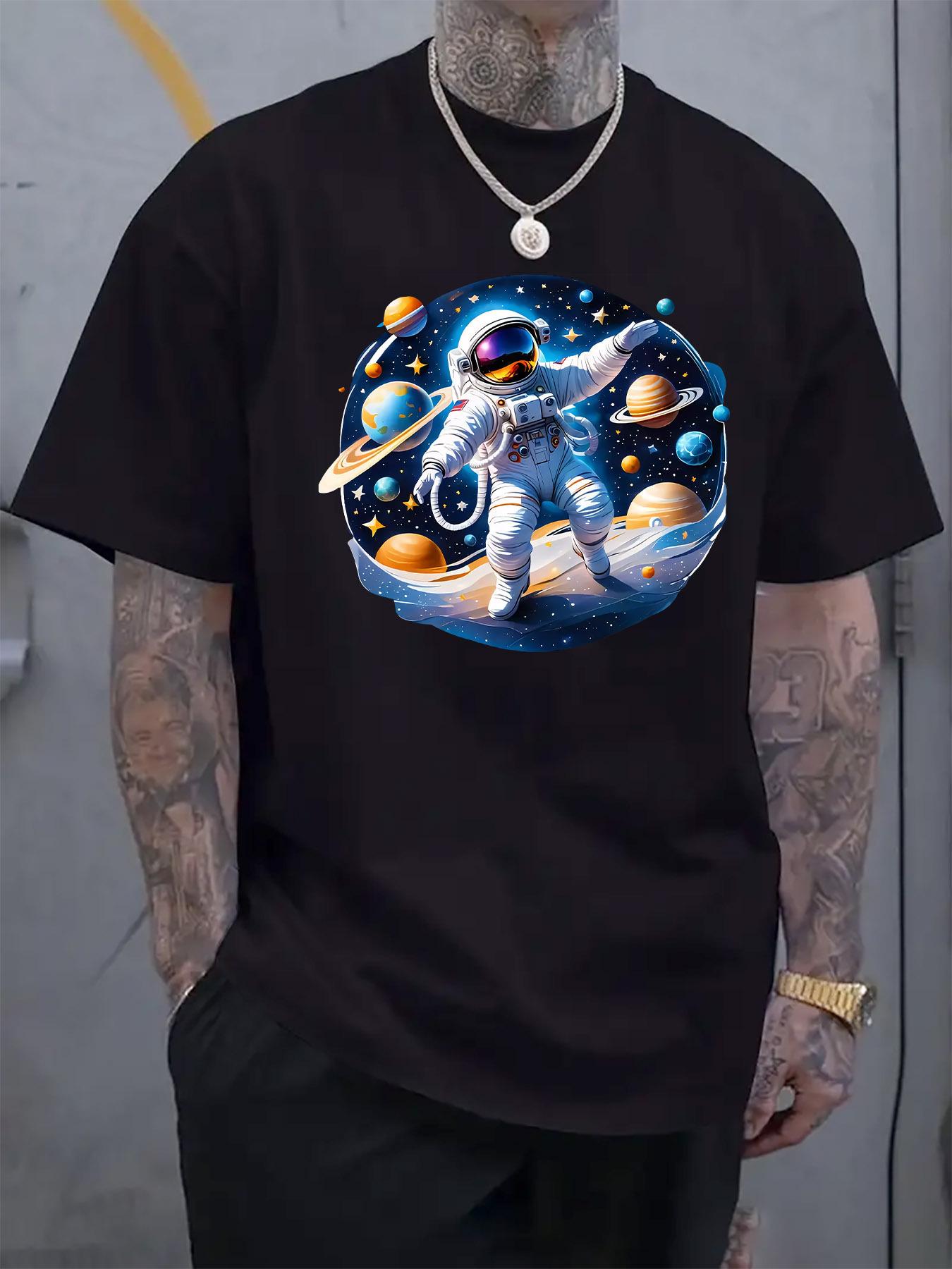 

Casual Short Sleeve T-shirt with Astronaut Space Print - Regular Fit Round Neck Summer Tee S