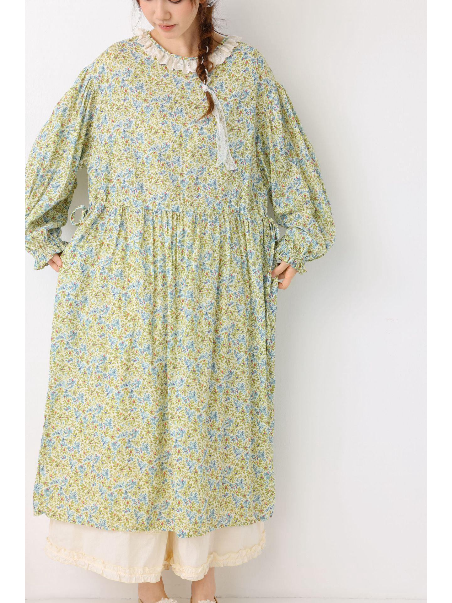 

Japanese Mori-kei Floral Cotton Linen Long Sleeve Dress One Size
