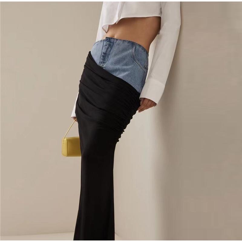 Modern Deconstruction High-waisted Denim Skirt Women's Two-piece Illusion Black Ruffled Splicing Design Sensibility Long Skirt