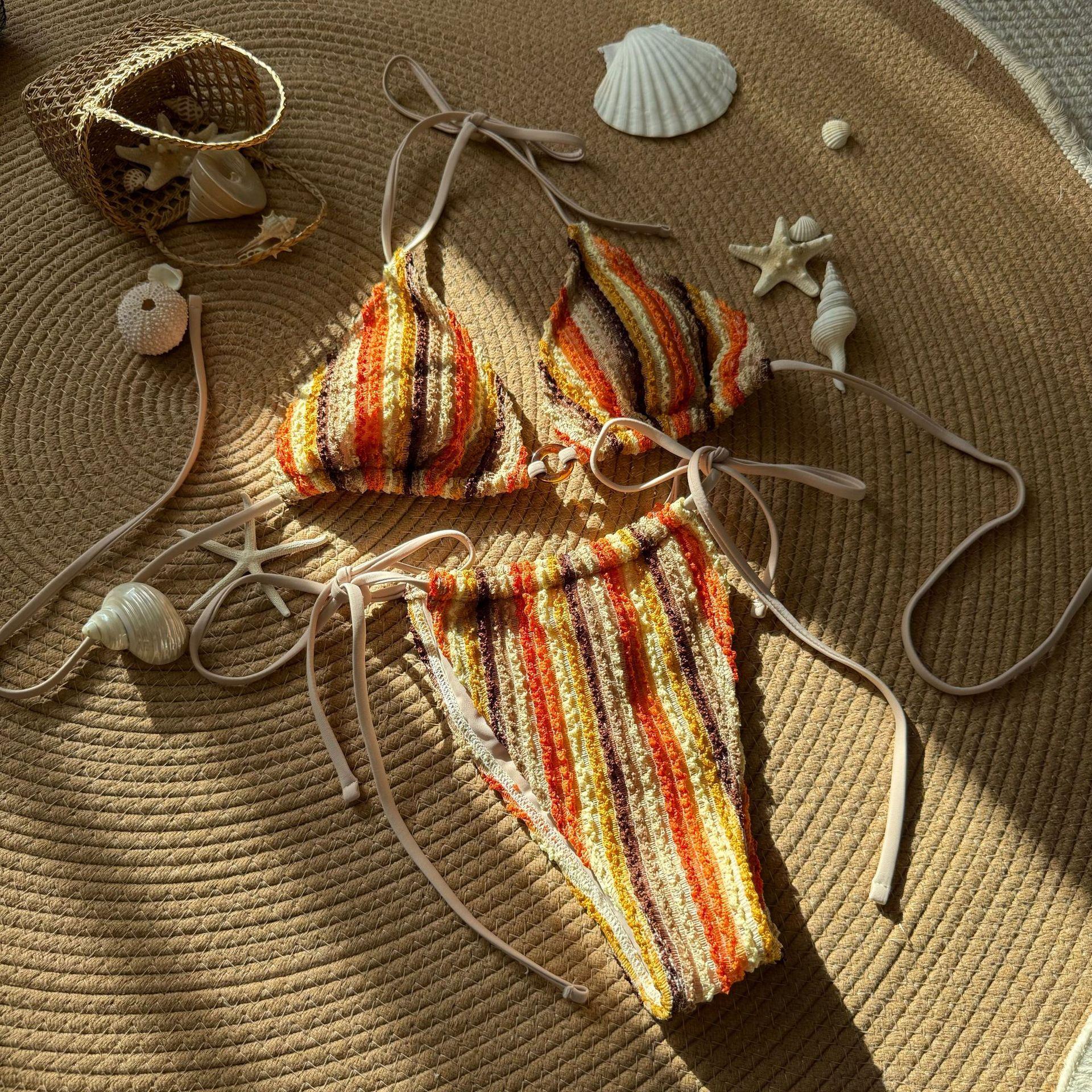 European and American color-block jacquard sexy drawstring tie-up swimsuit bikini bikini M