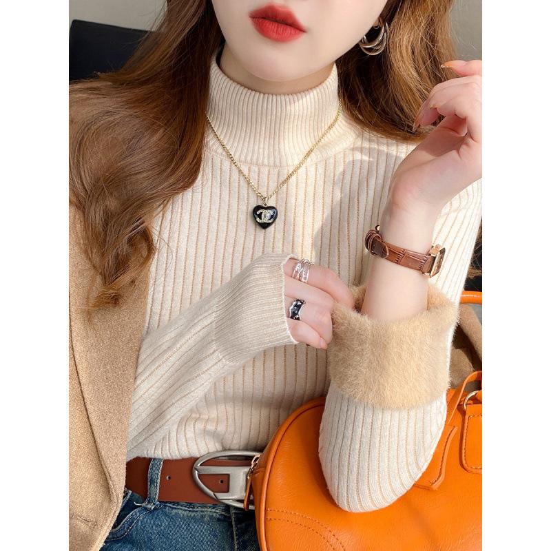 

Женский свитер с высоким воротником Зимний Ретро Красный с бархатной подкладкой Утепленный Внутренний слой Термальная Вязка Базовая рубашка One Size миндальный