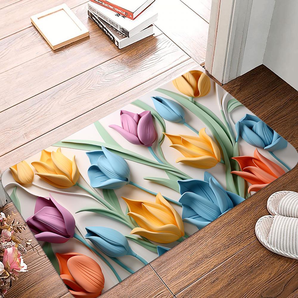 Colored Tulips Diatom Mud Entrance Antislip Home Outdoor Kitchen Rug Washable Hallway Bathroom Porch Floor Door Mat Decorate